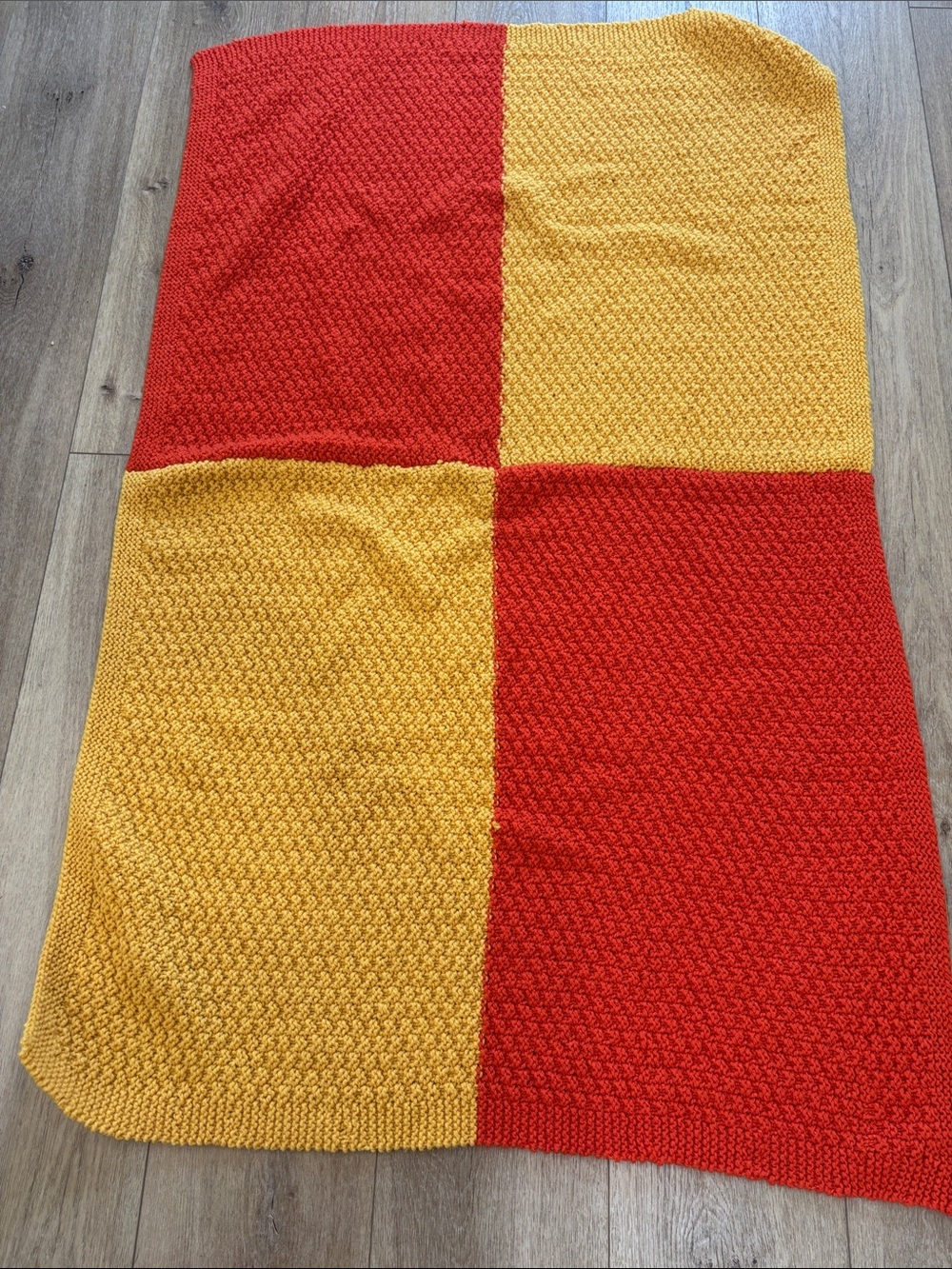 Handknit Orange and Mustard Colorblock Throw